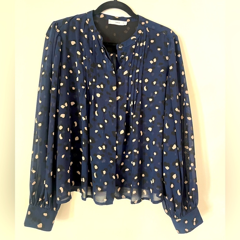 Mango Long Sleeve Blouse Navy Print Size 8
